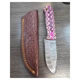 Damascus Steel Knife with Pink Handle and Leather