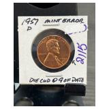 1957-D Lincoln Wheat Cent Mint Error