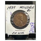 1939 Lincoln Wheat Penny CH UNC MS63/64