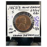 1953/3-S Lincoln Wheat Cent Mint Error