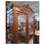 Ornately Carved Wooden Cabinet w Mirrored Doors