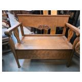 Oak Wood Storage Bench with Decorative Backrest