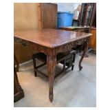 Wooden Table With Carved Legs and Parquet Top