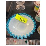 Ruffled White Glass Bowl with Blue Trim