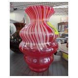 Red and White Swirl Glass Vase with Curved Design