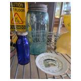 Mason Jar, Cobalt Bottle, and Decorative Plate Lot