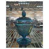 Blue Carnival Glass Covered Compote Dish