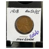 1918 Lincoln Wheat Cent in AU50/55 Grade