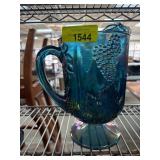 Blue Iridescent Glass Pitcher and Goblet Set