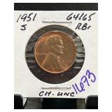 1951-S Lincoln Wheat Cent Graded CH. UNC 64/65 RB