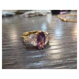 14k GE Amethyst and Clear Stone Ring, Sz 7