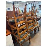 Six Wooden Dining Chairs with Plaid Upholstery