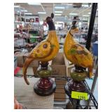 Hand-Painted Wooden Bird Statues on Stands