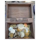 Wooden Chest With Assorted Coins