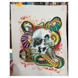 Colorful Skull and Snakes Artwork on Paper Origina