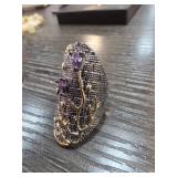 Silver Tone Ring With Purple Stones and Gold Accen