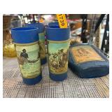 Western-Themed Bottle and Four Drinking Glasses