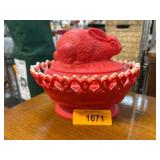Red Glass Rabbit Covered Dish