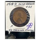 1918-D Lincoln Cent Mint Error No Designer Initial