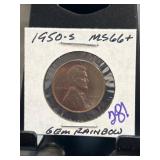 1950-S Lincoln Cent MS66+ Gem Rainbow Toning