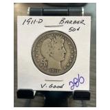 1911-D Barber Half Dollar in Very Good Condition