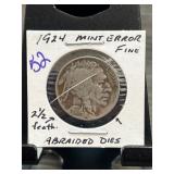1924 Mint Error Buffalo Nickel With Abraded Dies