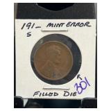 191_ -S Lincoln Cent With Filled Die Mint Error
