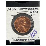 1964 Lincoln Cent Mint Error, Cracked Skull