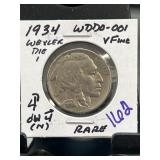 1934 Buffalo Nickel WDDO-001 VF Condition