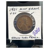 1921 U.S. Lincoln Wheat Cent Mint Error Coin