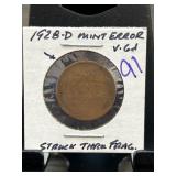 1928-D Mint Error Lincoln Cent, VF Condition
