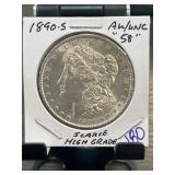 1890-S Morgan Silver Dollar, AU/UNC Condition