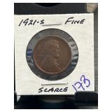 1921-S Lincoln Wheat Cent Coin, Fine