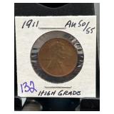 1911 Lincoln Wheat Cent, High Grade AU50/55
