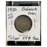 1950 Mexican 25 Centavos Silver Coin
