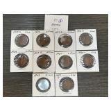 10 Lincoln Wheat Cents in Cardboard Holders