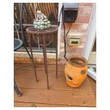 Metal Plant Stand with Frog Statue and Ceramic Pot