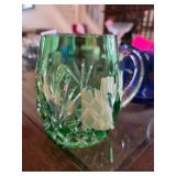 Cut Green Glass Mug with Etched Pattern