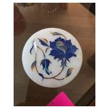 Round White Stone Trinket Box with Floral Inlay