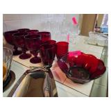 Ruby-Red Glassware Set With Bowls and Goblets