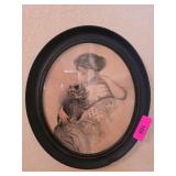 Framed Lady and Cat Sketch by K. Johnson