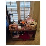 Wooden Shelf With Assorted Items and Hats