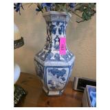 Blue and White Hexagonal Ceramic Vase