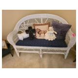 White Wicker Bench With Assorted Cushions