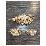 Gold-Tone Pearl and Rhinestone Brooch and Earrings