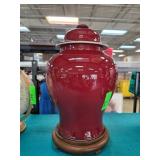 Red Ceramic Lidded Jar with Wood Base