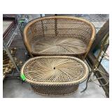 Rattan Bench And Matching Ottoman Set