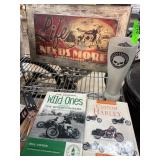 Motorcycle-Themed Lot With Books, Sign, and Harley