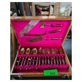 Thai Brass Flatware Set in Wooden Case with Pink I
