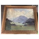 Framed Landscape Painting with Mountains and Sky